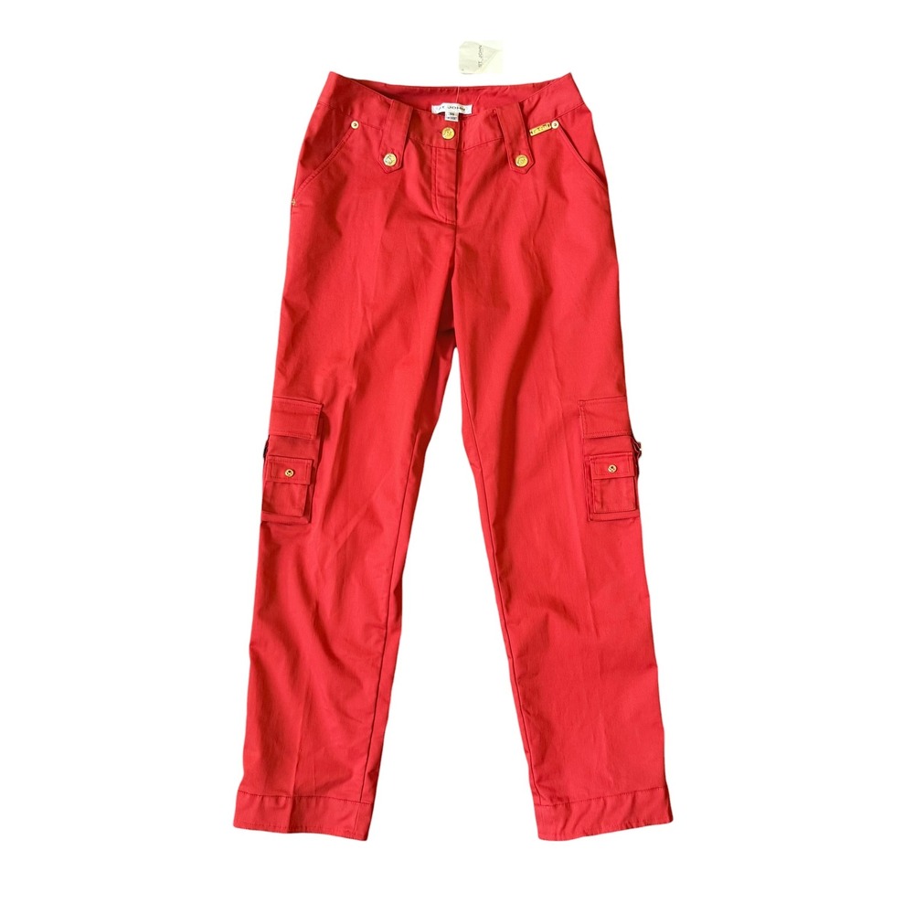 NWT St. John Bright Orange Silk Cargo Pants Gold Hardware Size 10 K919481